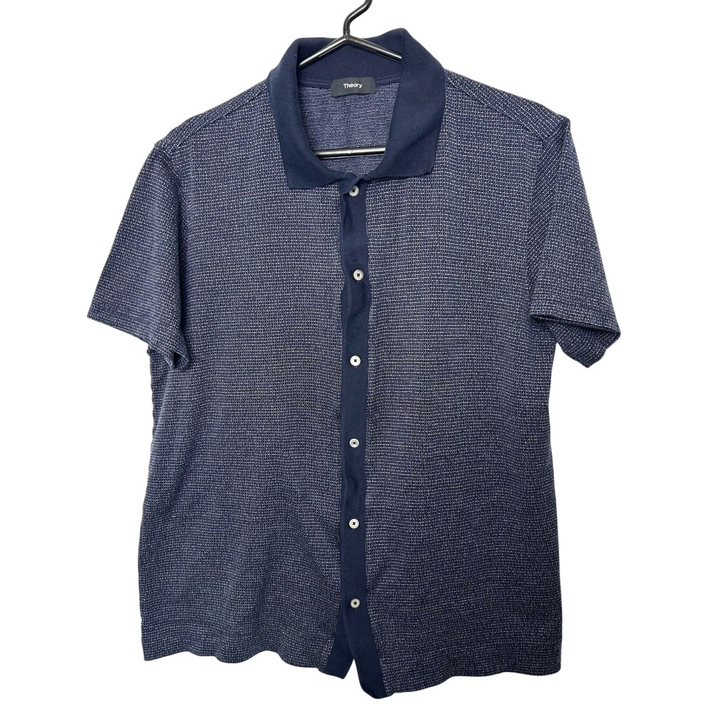 Theory Mens L Navy Textured Polo Shirt Short Sleeve Button Up 100% cotton